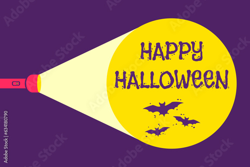 Vector illustration of a flashlight and bats for Halloween. Happy Halloween.
