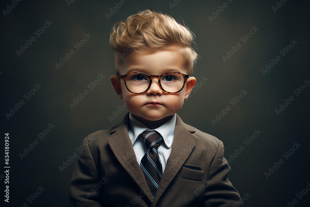 Young child boy dressed in suit and tie like a ceo businessman. Generative AI