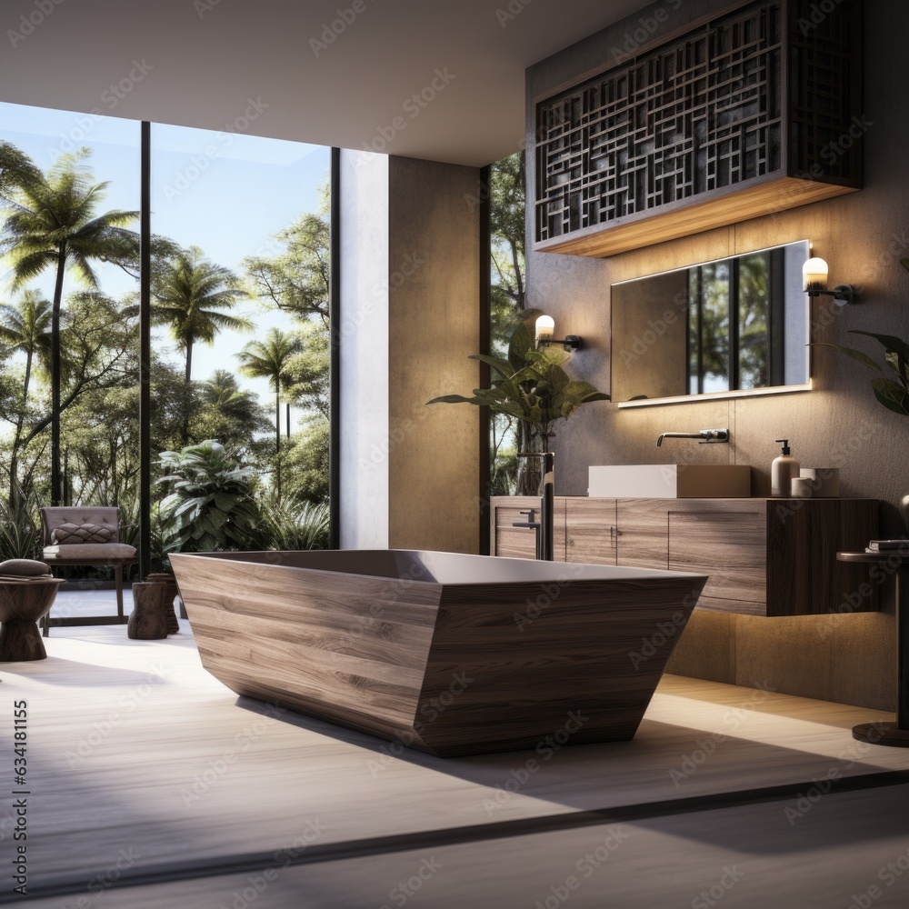 Fototapeta premium Contemporary Bath Retreat: Luxurious Bathroom with Modern Wooden Vanity and Tub Accents. Generative AI