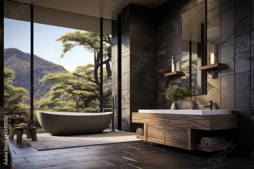 A luxurious bathroom with a modern wooden vanity and wooden accents around the bathtub. Generative AI