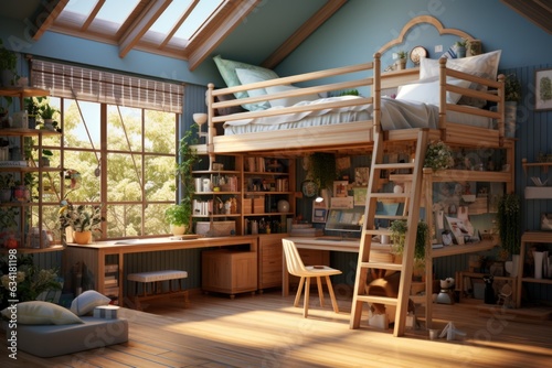 Modern Kid's Retreat: Bedroom with Wooden Loft Bed and Study Desk for a Child. Generative AI