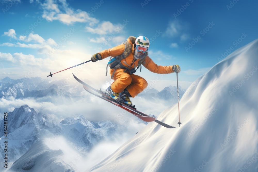 Skier in overalls jumps with skis with poles on a mountain with snow. Extreme sports. Skier in overalls jumps with skis with poles on a mountain with snow. Extreme sports.