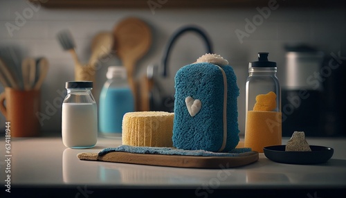 Modern kitchen interior. Rags, natural sponges, and cleaning products. Generative in Ai Technology