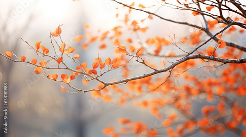 Autumn leaves on a tree. Colored autumn leaves and blurred background. Generative AI.
