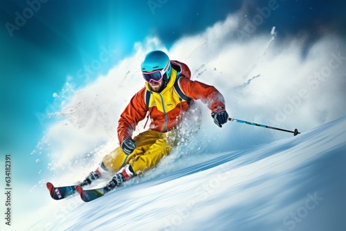 Skier with poles in a colorful suit skis in the snow.
