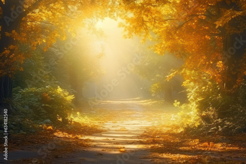 Quiet alley in a park with sunlit yellow trees and an ethereal golden mist creating a fairy tale atmosphere