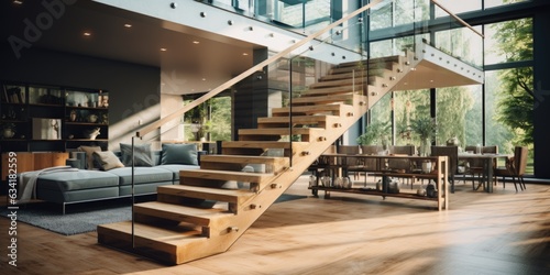 Contemporary Elegance  Modern Wooden Staircase with Glass Railings in a Bright  Open-Plan Home. Generative AI