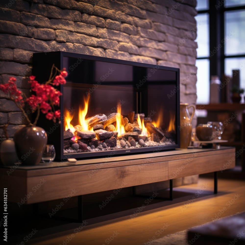 A cozy, modern fireplace with a wooden mantle in a living room setting. Generative AI