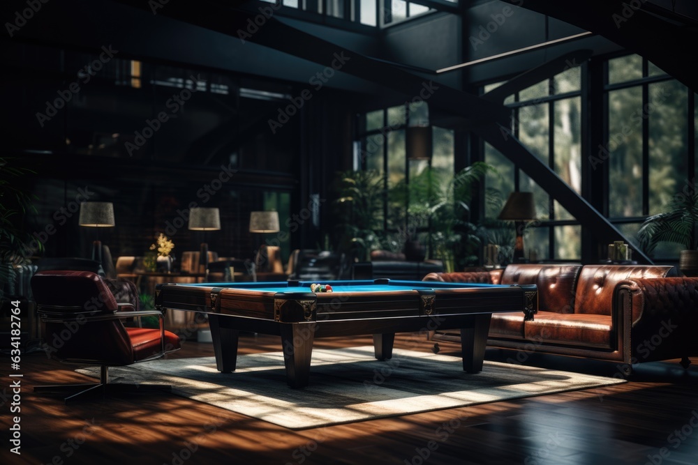 A game room with a wooden pool table and modern leather seating. Generative AI