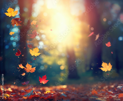 Colourful maple tree leaves flying in the air with sun shining through the trees on background