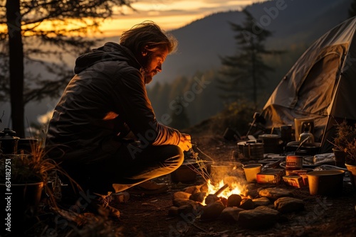 Camping Amidst Sunset's Hues: Capturing a Person Organizing a Campsite at Dusk, the Inaugural Campfire's Radiance Illumining, Yet the Face Bound by Dancing Shadows Generative AI