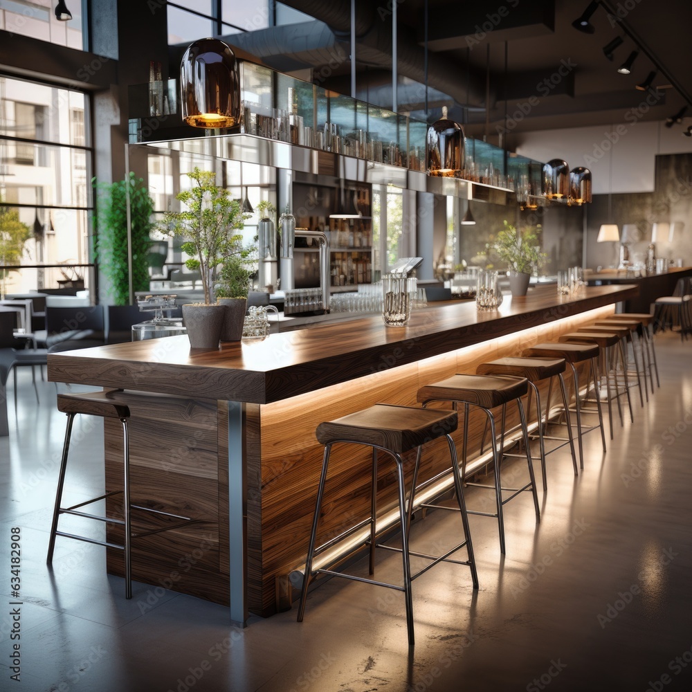 Contemporary Bar Elegance: Sleek Modern Area with Wooden Countertops and Bar Stools. Generative AI