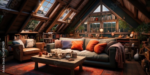 Contemporary Attic Charm: Wooden Beams and Modern Furnishings Transform the Space into a Cozy Conversion. Generative AI