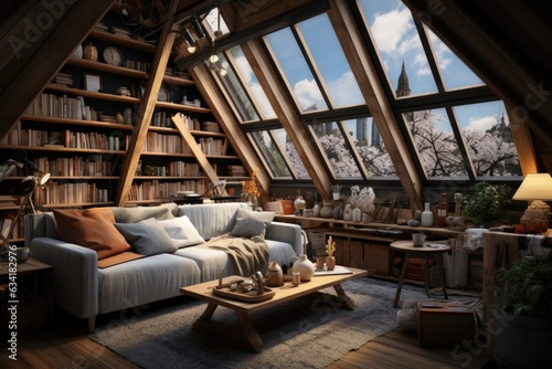 A cozy attic conversion with wooden beams and modern furnishings. Generative AI © Ivy