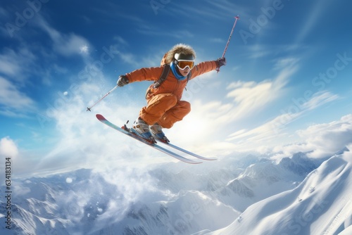 Skier in an orange suit jumps on the snow with ski poles. photo