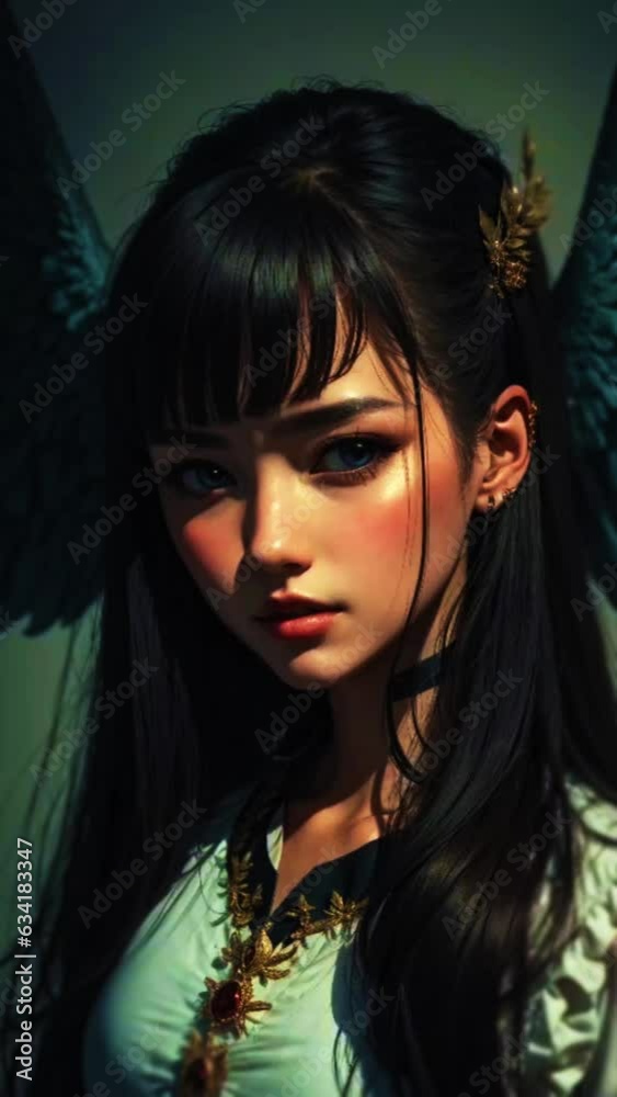 Half burst portrait of a woman with blue feather wings. Composite stylized illustration. An angel. Proper loop animation. Half burst portrait of a woman with blue feather wings. Composite stylized illustration. An angel. Proper loop animation.