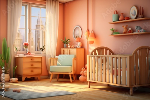 A nursery with a modern wooden crib and matching changing table. Generative AI