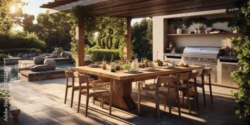Outdoor Dining Delight: Modern Wooden Pergola and Kitchen Creating a Relaxing Ambiance. Generative AI © Ivy