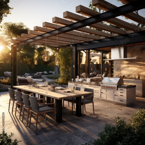 Outdoor Dining Delight: Modern Wooden Pergola and Kitchen Creating a Relaxing Ambiance. Generative AI © Ivy