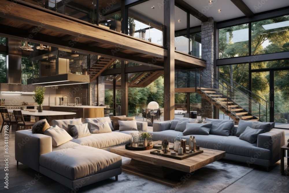 A modern open floor plan home with wooden beams and contemporary furnishings. Generative AI A modern open floor plan home with wooden beams and contemporary furnishings. Generative AI