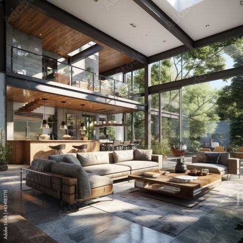 A modern open floor plan home with wooden beams and contemporary furnishings. Generative AI © Ivy