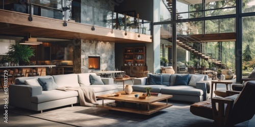 A modern open floor plan home with wooden beams and contemporary furnishings. Generative AI