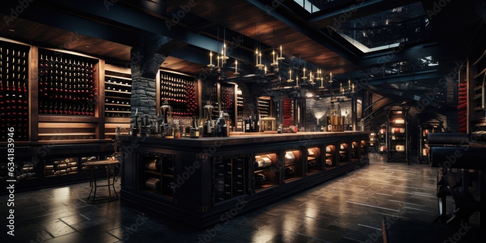 Wine Cellar Ambiance: Modern Wooden Wine Racks and Ambient Lighting Creating a Unique Space. Generative AI