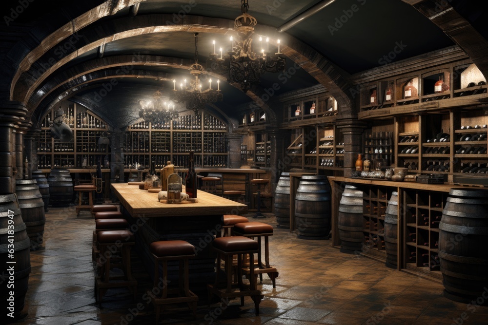 Wine Cellar Ambiance: Modern Wooden Wine Racks and Ambient Lighting Creating a Unique Space. Generative AI Wine Cellar Ambiance: Modern Wooden Wine Racks and Ambient Lighting Creating a Unique Space. Generative AI