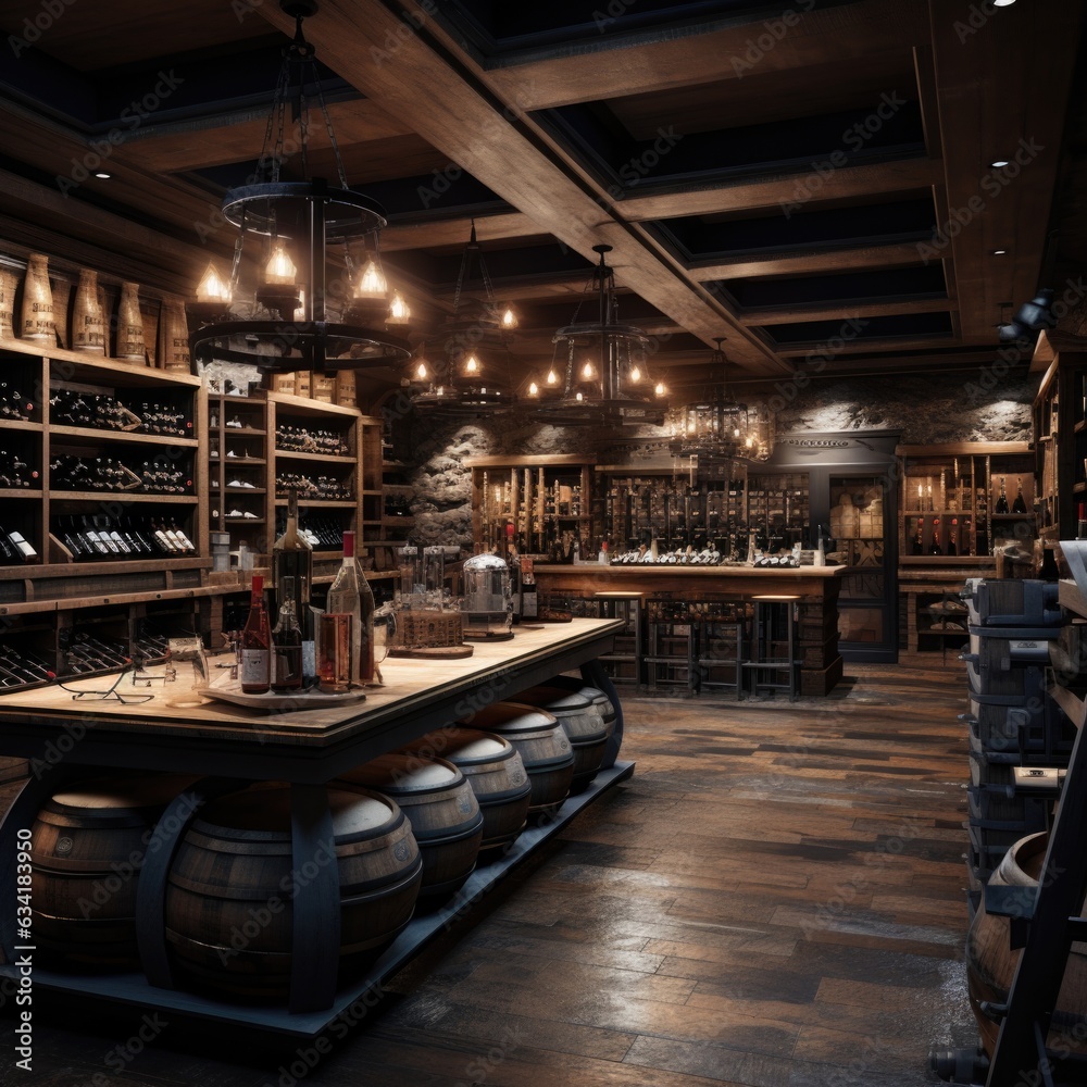 A wine cellar with modern wooden wine racks and atmospheric lighting. Generative AI