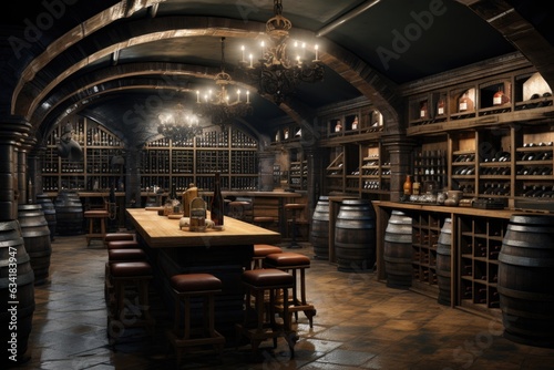 Wine Cellar Ambiance: Modern Wooden Wine Racks and Ambient Lighting Creating a Unique Space. Generative AI