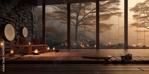 A meditation room with wooden floor, a modern zen garden, and minimalist furnishings. Generative AI