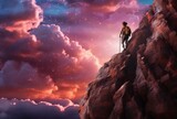 Woman stands on a mountain cliff and looks at the beautiful clouds. Galaxy, universe.