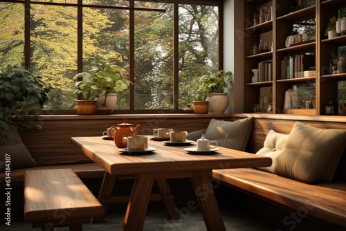 A breakfast nook with a wooden built-in bench, modern table, and matching chairs. Generative AI
