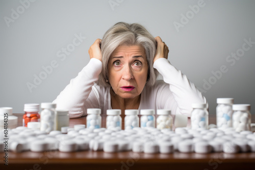 a mid-aged senior woman in the middle, surrounded by a bunch of medicine bottles, wondering which pills to take, depression, stress, anxiety concept