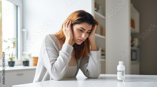 a mid-aged woman in the middle, surrounded by a bunch of medicine bottles, wondering which pills to take, depression, stress, anxiety concept © Happy Stock