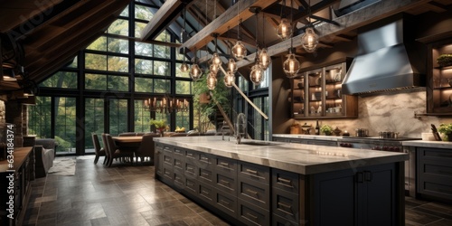 A luxury kitchen with wooden ceiling beams and modern pendant lighting. Generative AI © Ivy