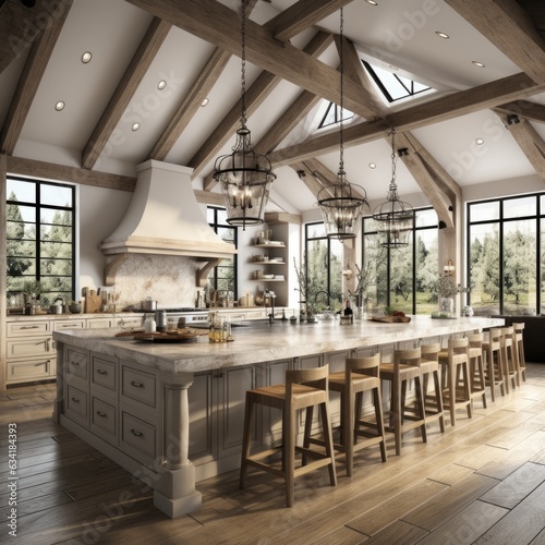 Opulent Culinary Space: Luxury Kitchen with Wooden Ceiling Beams and Modern Pendant Lighting. Generative AI