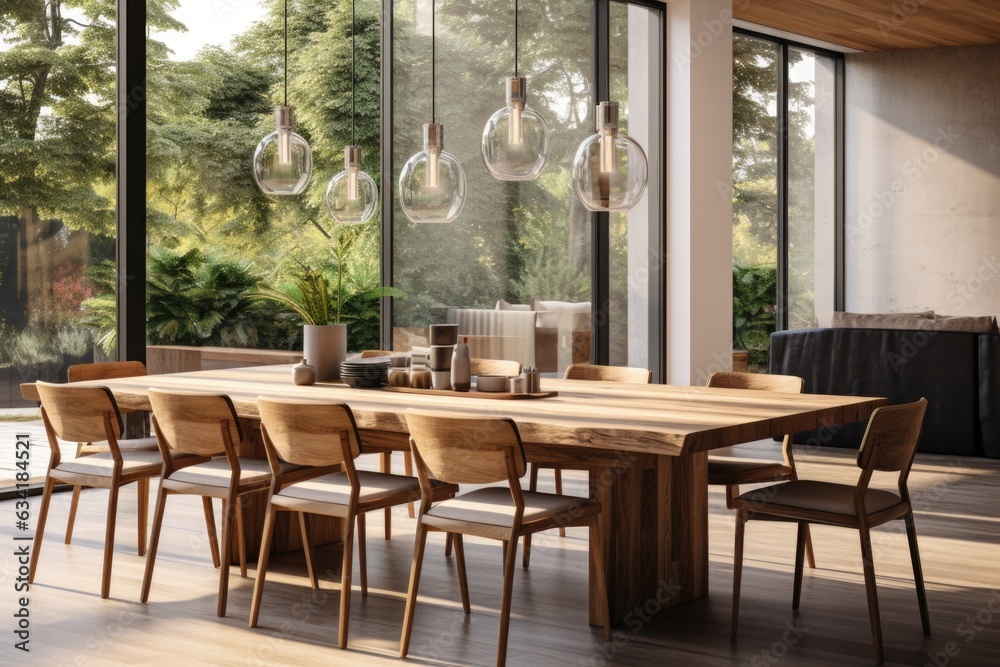 Contemporary Dining Elegance: A Modern Room with Large Wooden Table, Chairs, and Sleek Pendant Light. Generative AI