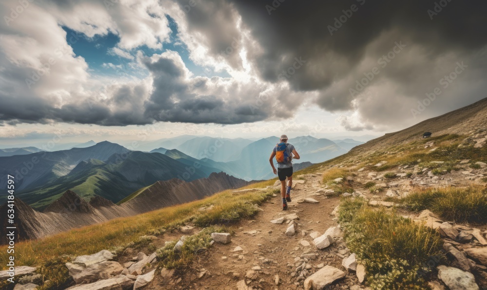 Men ultramarathon runs in the mountains.