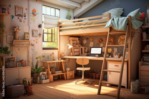 Wooden Haven  Child s Bedroom featuring Modern Loft Bed and Study Desk in Wood. Generative AI