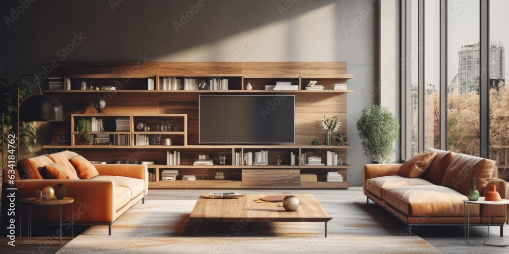 A bright, modern living room with a wooden coffee table and sleek wooden shelving units. Generative AI A bright, modern living room with a wooden coffee table and sleek wooden shelving units. Generative AI