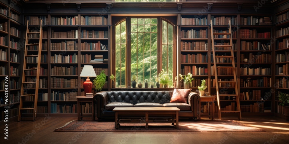 Modern Literary Haven: A Home Library with Contemporary Floor-to-Ceiling Bookcases. Generative AI