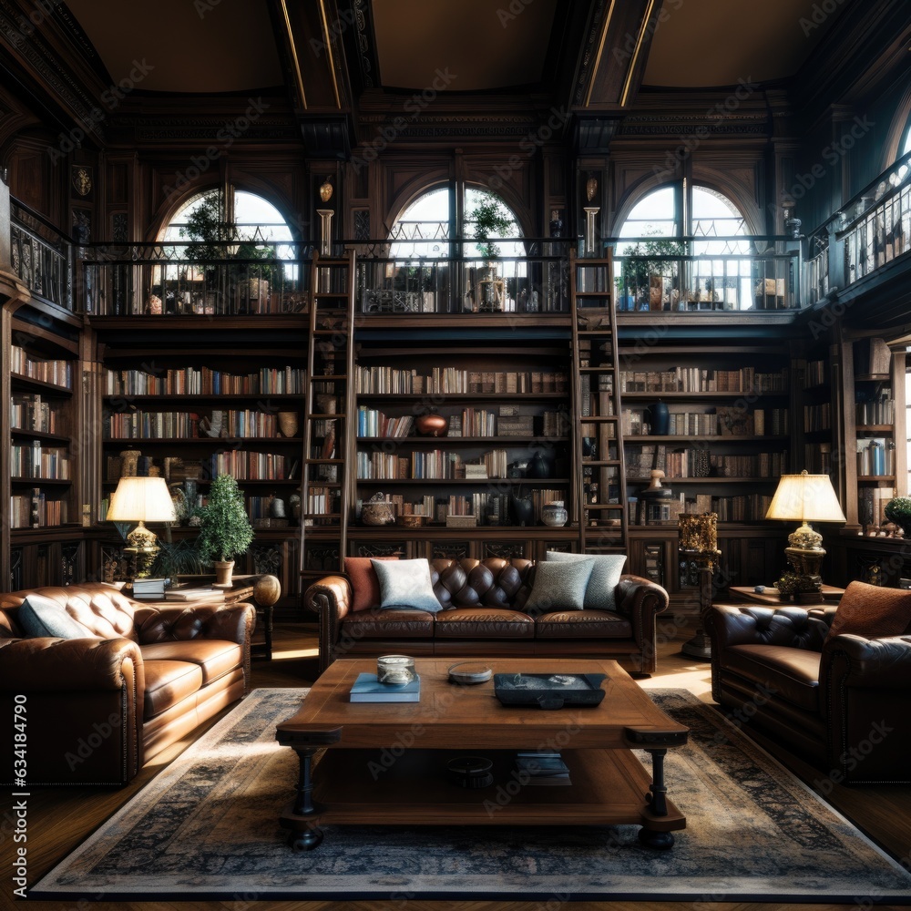 Modern Literary Haven: A Home Library with Contemporary Floor-to-Ceiling Bookcases. Generative AI