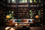 Floor-to-Ceiling Elegance: A Contemporary Home Library Adorned with Wooden Bookcases. Generative AI