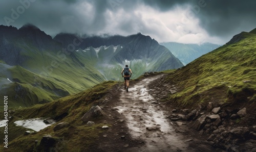 Man with a backpack runs through the mud in a mountain with a beautiful view.