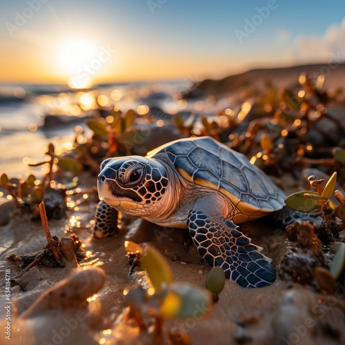  newborn turtles crawl along the sandy beach to the water. Concept: protection of animals and the planet. Clean ecological environment for reptiles