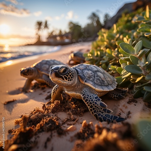  newborn turtles crawl along the sandy beach to the water. Concept: protection of animals and the planet. Clean ecological environment for reptiles