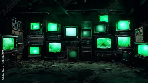 Zooming in on various old TVs with green screens, nostalgic technology