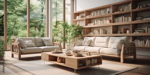 A bright  modern living room with a wooden coffee table and sleek wooden shelving units. Generative AI