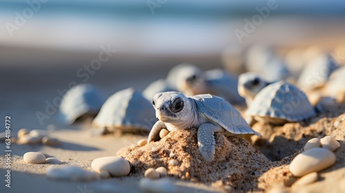  newborn turtles crawl along the sandy beach to the water. Concept: protection of animals and the planet. Clean ecological environment for reptiles